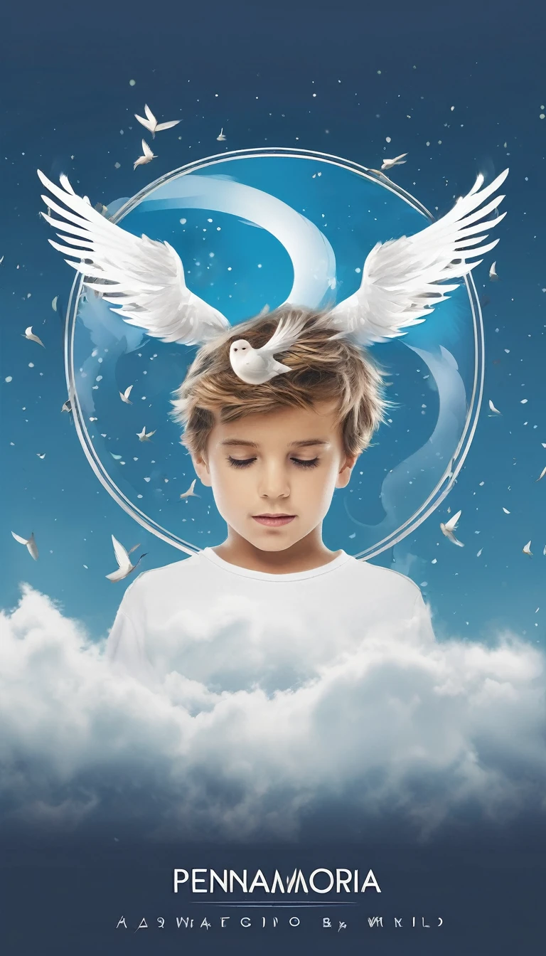 Create a professional, fantastic, cinematic dream-like logo design for a brand about music, stories, fantasy, memories and dreams called " Penamemoria". Masterpiece, 4k, sharp focus, highest quality,wide shot. The title is " Penamemoria". The brand is about the creative, unique, fantastic, dreamy, musical world of a boy and a feather. Minimalistic, simple, poetic, dreamy logo design at the center of the image. The Background image is soft blue sky with white clouds and full of feathers, unique birds. Logo design of a unique, creative, masterpiece logo of the face of a creative boy and a feather that represents memories and stories. Make the logo white- light blue and golden