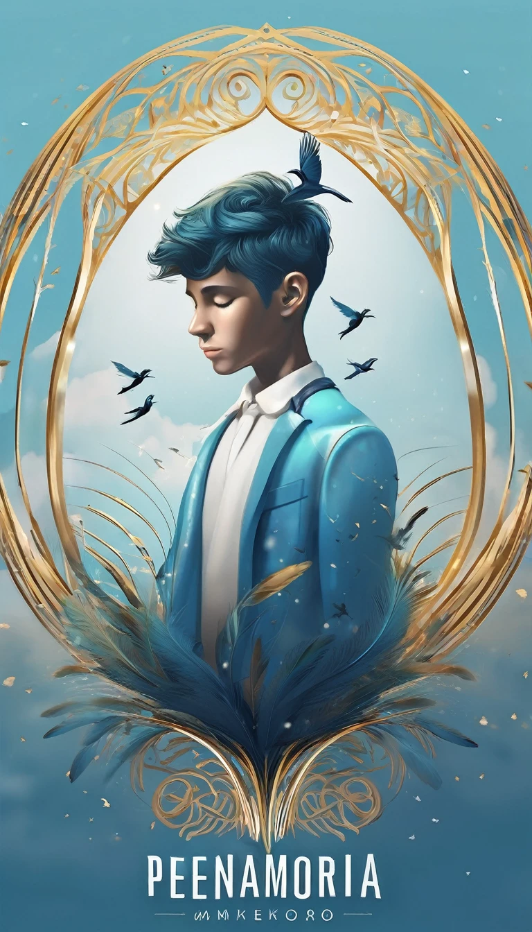 Create a professional, fantastic, cinematic dream-like logo design for a brand about music, stories, fantasy, memories and dreams called " Penamemoria". Masterpiece, 4k, sharp focus, highest quality,wide shot. The title is " Penamemoria". The brand is about the creative, unique, fantastic, dreamy, musical world of a boy and a feather. Minimalistic, simple, poetic, dreamy logo design at the center of the image. The Background image is soft blue sky with white clouds and full of feathers, unique birds. Logo design of a unique, creative, masterpiece logo of the face of a creative boy and a feather that represents memories and stories. Make the logo white- light blue and golden