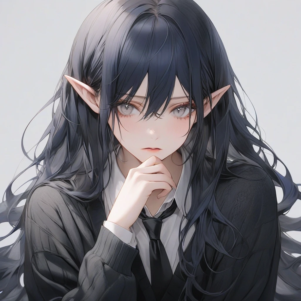 high resolution, Masterpiece, Anatomically correct, precise, qualityที่ดีที่สุด, quality, 1 woman, Age 20 years, very long hair,  dark blue hair, icy grey eyes , A despair expression., simple background,  photography, half-body ,oversize shirt.black tie, black cardigan , elf ears, vampire woman 
