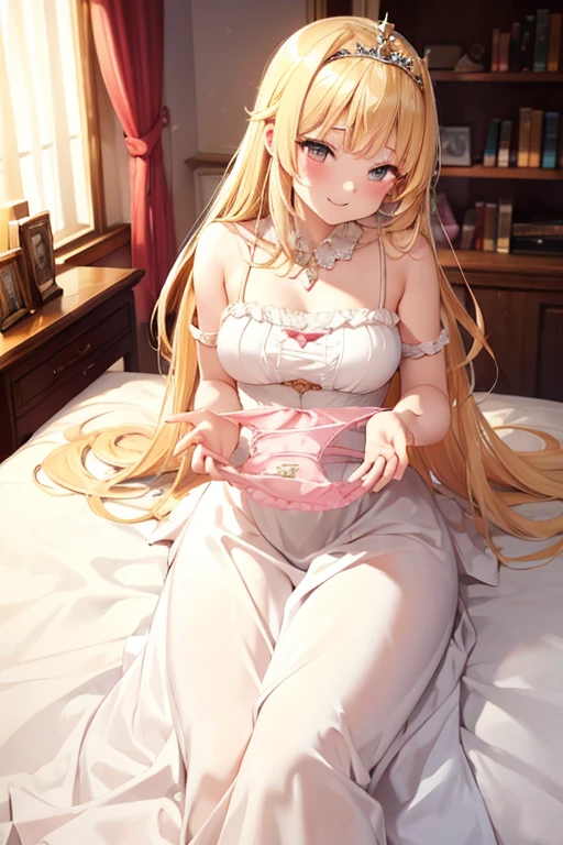 Highest quality, presentingpanties,pink panties, holding,holding panties,Yellow stained panties,Bedroom,Blonde,Princess,Luxurious white dress,Long skirt,tiara,Adult women,A seductive smile
