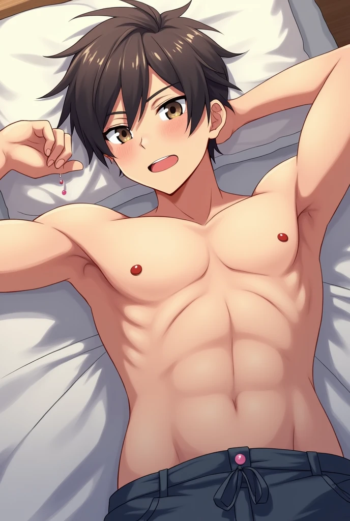 masterpiece, best quality, extremely detailed, highres, 8k, detailed face, anime, 1boy, 1man, adult man, 23yo, full body, nsfw, nude, undress, nipples, navel, blushing, genderswap(ftm), short hair, black hair, clear eyes, solo, good-looking guy, ikemen, handsome guy, cool boy, thin but muscular, yaoi, pov, BL, gay, yaoi, feeling love, 2boys, multiple boys, (anal sex):1.3, motion line, penis and testicles, lying on back, pillow, hands up, feelling love, feeling ecstasy, ahegao, moaning, wavy mouth, open mouth, drooling, sweating, tearing up, cum, trembling, erection, spread legs, semen from penis, cum in ass, ejaculating while penetrated, handsfree, interracial, projectile cum, deep penetration, lying on bed, penis