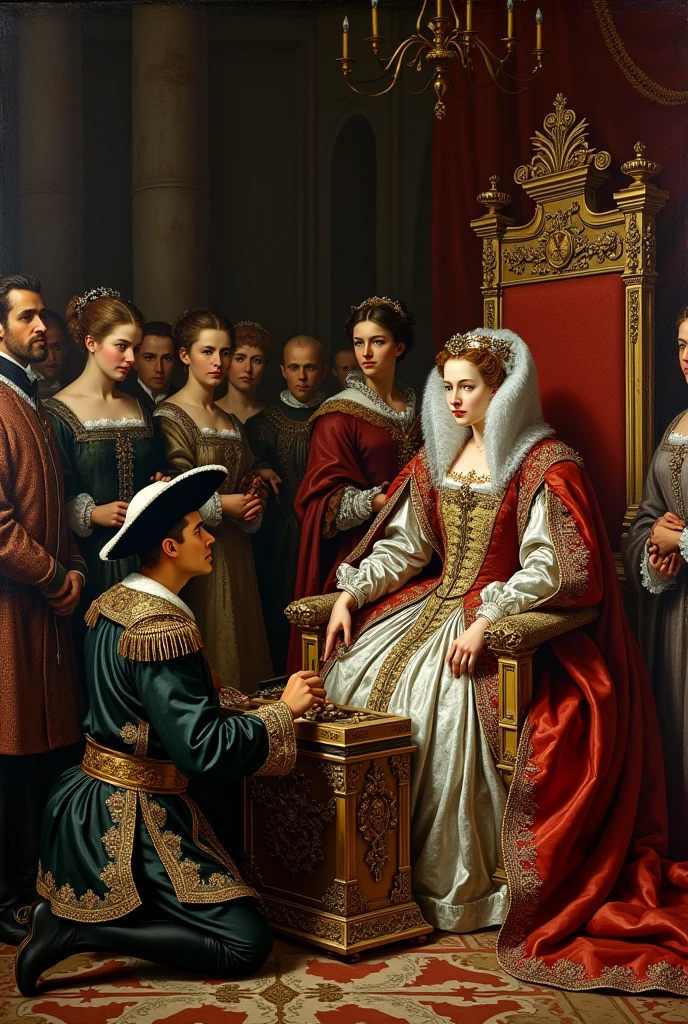 Francis Drake presenting treasure to Queen Elizabeth I**: Francis Drake, kneeling before Queen Elizabeth I, presents a chest of Spanish gold. The queen, seated on a throne, looks pleased, with her courtiers gathered around, watching in admiration