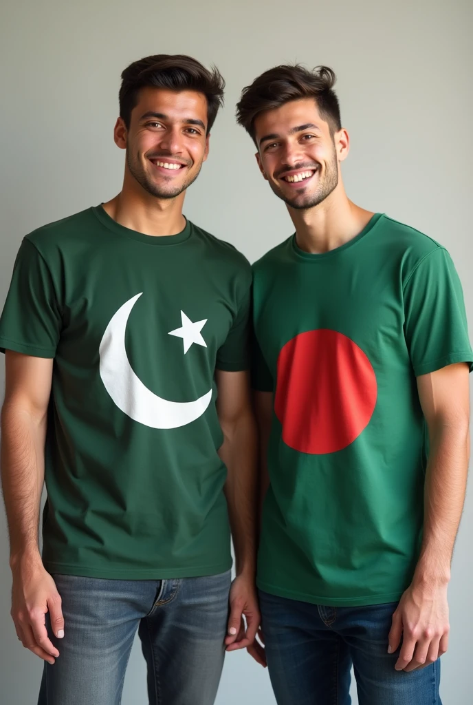 Two boy friends wearing t-shirts of Pakistan and Bangladesh are looking at the camera together