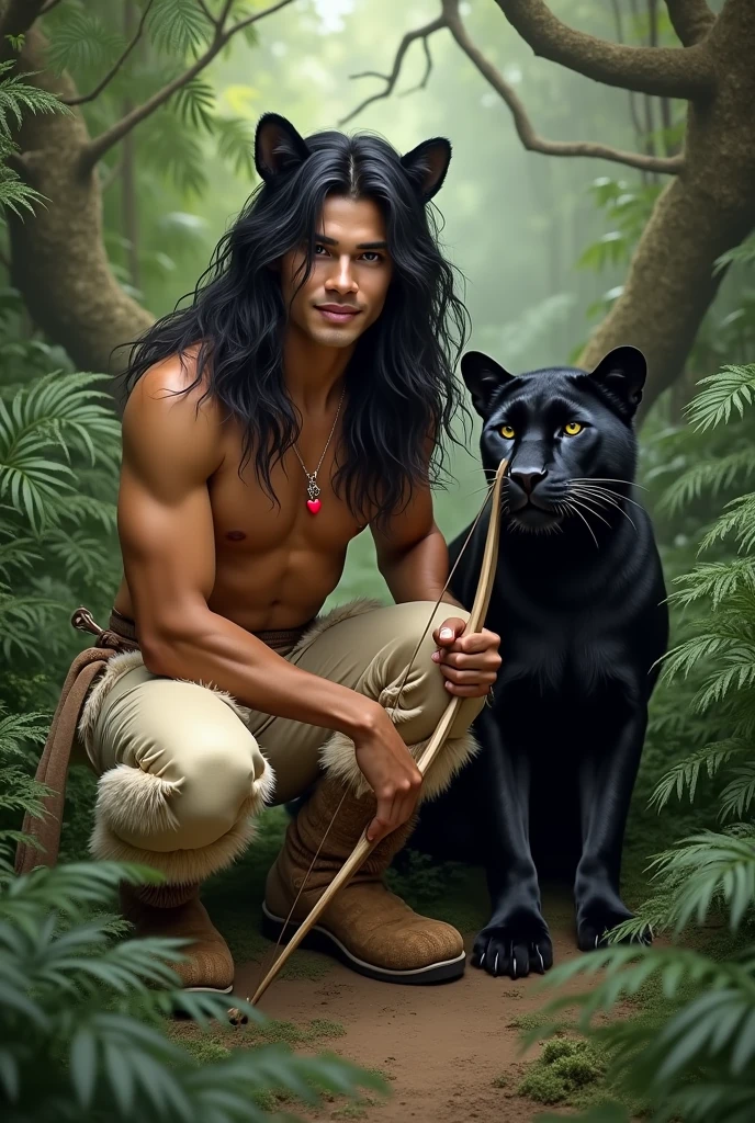 A very handsome guy with the masculine features of a young man and black hair down to the ground with bangs to the side. He is bare-chested and has golden-tanned skin.. He is very slim and stately.. He has a red heart pendant on his chest.. There are panther ears on the head. He is wearing beige fur pants and shoes in the shape of hooves.. Squats in a fern thicket and shoots a bow. He smiles beautifully. Next to him is a kind black panther.