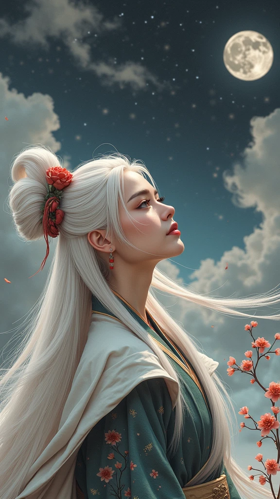 beautiful detailed eyes, beautiful detailed lips, extremely detailed eyes and face, long eyelashes, 1 woman, woman with white hair, woman showing back, woman wearing taoist robe, woman looking at moon, detailed background, detailed environment, detailed clothing, medium: digital illustration, realistic, photorealistic, photo-realistic:1.37, (best quality,4k,8k,highres,masterpiece:1.2),ultra-detailed,(realistic,photorealistic,photo-realistic:1.37),HDR,UHD,studio lighting,ultra-fine painting,sharp focus,physically-based rendering,extreme detail description,professional,vivid colors,bokeh,cinematic lighting,dramatic lighting,dramatic atmosphere