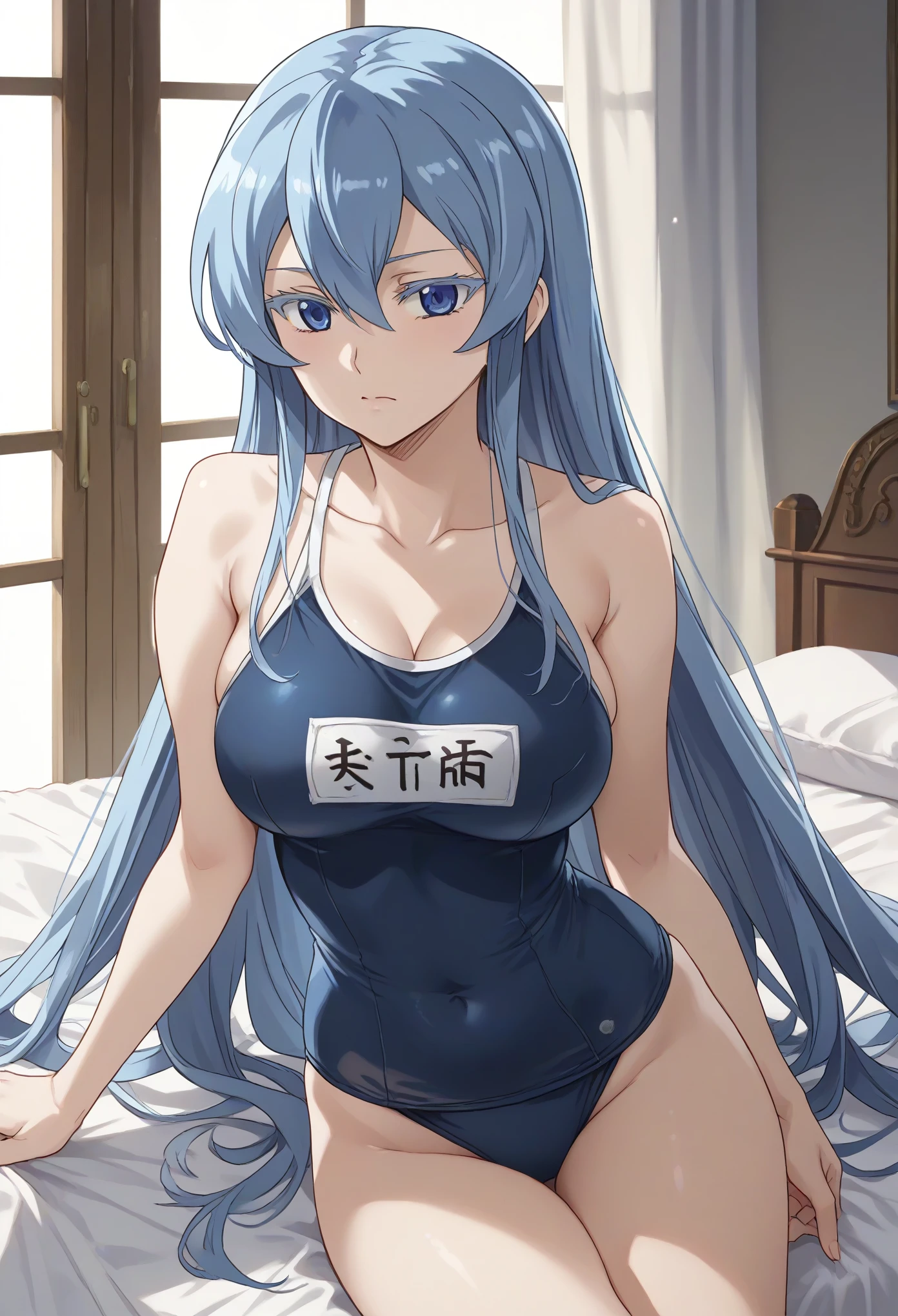 esdeath, blue eyes, blue hair, long hair, eyelashes,,school swimsuit,clavage,large breast
