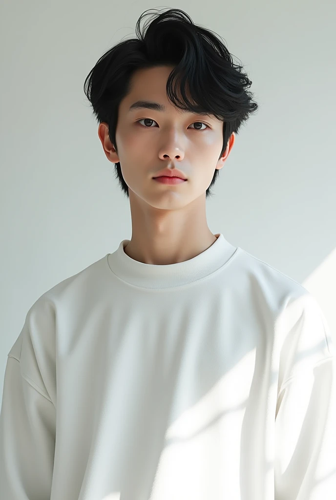Japanese man wearing a pure white round-neck sweatshirt