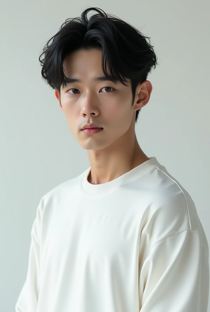 Japanese man wearing a pure white round-neck sweatshirt