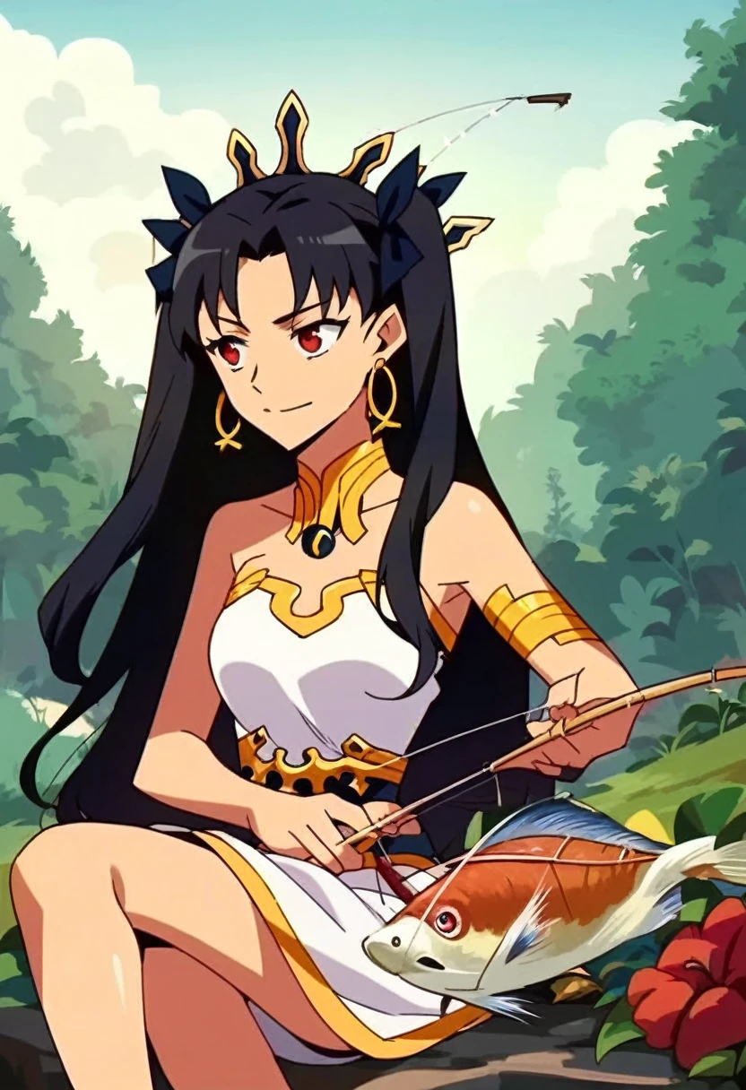 score_9, score_8_up, score_7_up, score_6_up BREAK source_anime, ishtar, long hair, black hair, ribbon, hair ribbon, two side up, red eyes, parted bangs, crown, 1girl, (fishing while sitting near a stream:1.5), light smile, anime screencap