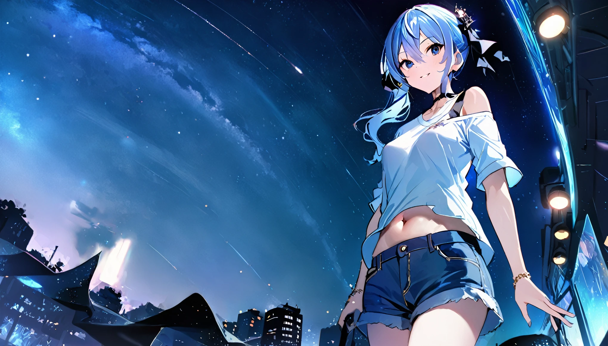 (8k、Best image quality、highest quality、masterpiece)、Detailed face、 1girl、Blue Hair、Long Hair、sideponytail、dark_blue_eyes、smile,(navel:0.6),Moderate_torso、small_,((White T-shirt))、Off the shoulder、Black shoulder straps、(open_front_denim_short_shorts:1.2)、Shooom below、City Background, starry_sky_landscape ,hoshimachi suisei, slender,(covered_nipples:0.3ly button:1.2),nihil,,stargaze,girl_looking_up_sky,(abs:0.6),(cherryblossom_background:0.5)
