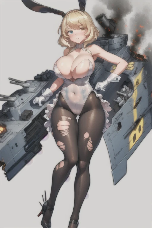 HMS_Renown \(warship girls r\),((masterpiece)),(((best quality))),((ultra-detailed)),((illustration)),((disheveled hair)),((frills)),1girl, aircraft, bangs, black footwear, black legwear, blonde hair, blush, breasts, broken, carrot, cleavage, covering, covering breasts, damaged, defeat, fake animal ears, fire, gradient, high heels, large breasts, long hair, looking at viewer, mecha musume, military vehicle, pantyhose, playboy bunny, rabbit ears, rocket launcher, short hair, smoke, solo, torn bodysuit, torn clothes, torn dress, torn gloves, torn legwear, torn leotard, torn panties, torn pants, torn shirt, torn skirt, torn sleeves, torn swimsuit, Redraw your eyes, (blue left eye:1.2), Heterochromia, (yellow right eye:1.2), Anyone can have heterochromia,