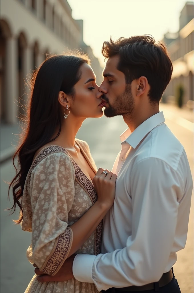 Beautiful Afghan woman 21 yo in national dress kisses Russian boy friend in a white blouse is posing on a city street, in the style of androgynous, michael shainblum, herb ritts, bojan jevtic, hikecore, streaked --ar 5675 --style raw --v 5.1 A minimalist designed city street, shot in the middle of the day with a commercial vision --v 6.0 --style raw