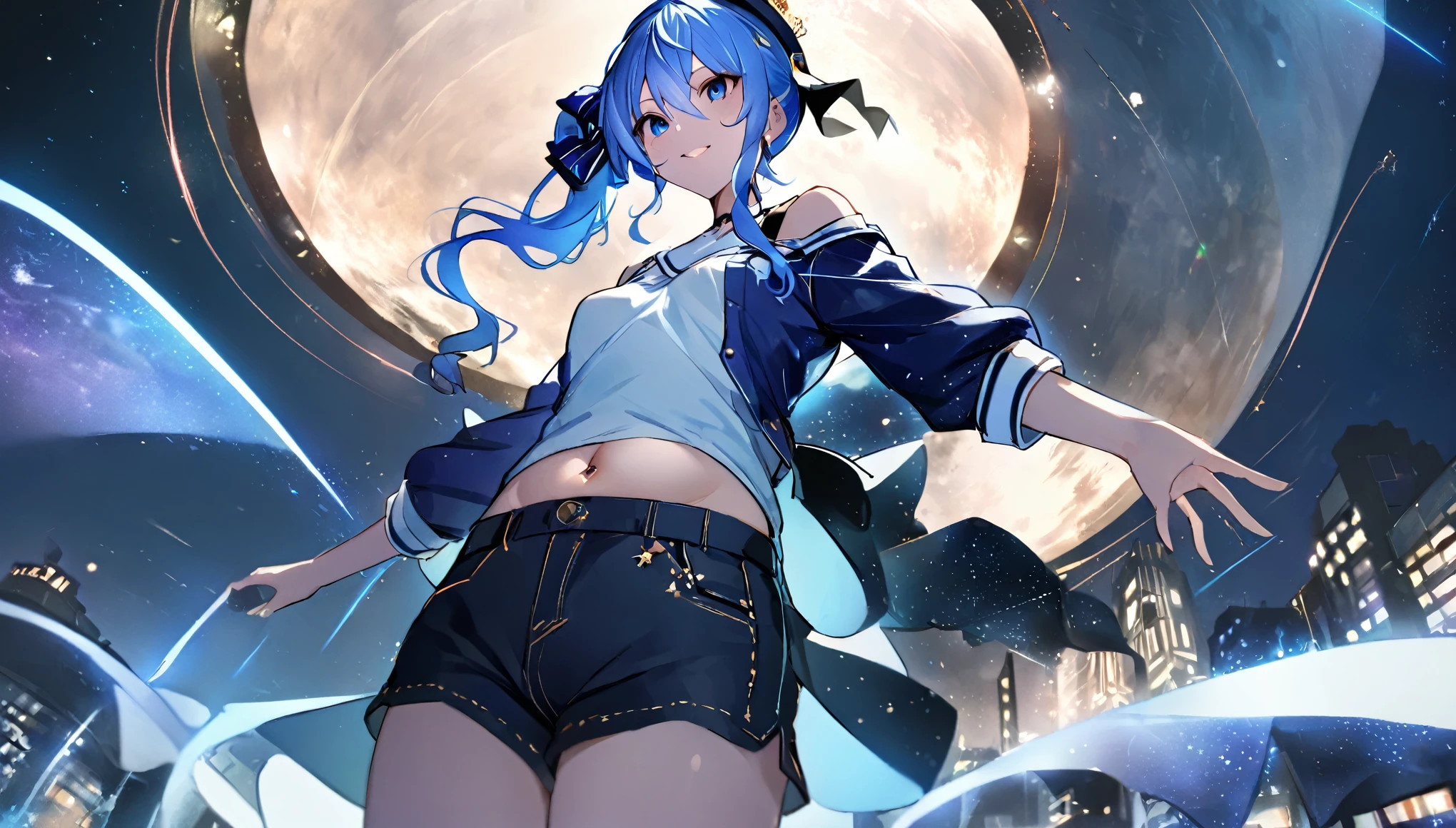 (8k、Best image quality、highest quality、masterpiece)、Detailed face、 1girl、Blue Hair、Long Hair、sideponytail、dark_blue_eyes、smile,(navel:0.6),Moderate_torso、small_breasts,((White T-shirt))、Off the shoulder、Black shoulder straps、(open_front_denim_short_shorts:1.2)、Shoot from below、City Background, starry_sky_landscape ,hoshimachi suisei, slender,(covered_nipples:0.3), (belly button:1.2),nihil,solo,stargaze,girl_looking_up_sky,(abs:0.6)