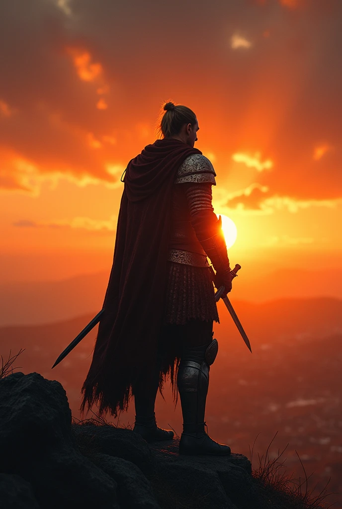 A warrior looking at the setting sun after winnig a war alone