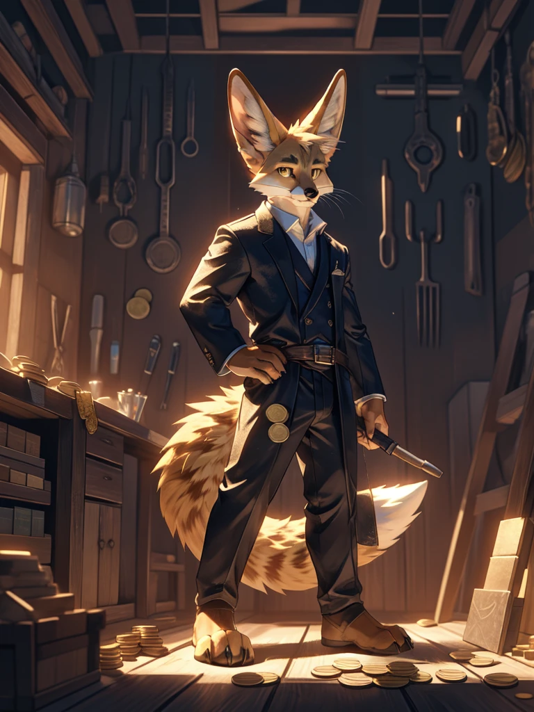 solo, anthro, furry, furry male, Fennec Fox, ((sleek fur, furry body)), (Fennec fox pattern), slender body, narrow shoulders, furry tail, golden eyes, (tan body), fox tail, standing still, messing with coins, standard tinkers clothes, artificer like clothes, wrenches and tools on hip, facing viewer, Detailed eyes, Detailed face, Detailed character, masterpiece, HD, 8k, workshop with traps hanging, heavy shadows, dynamic lighting,