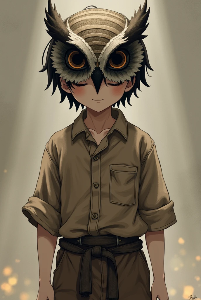 boy, owl mask, dark brown hair, exorcist, smiling, looks a little crazy, old brown shirt, Native pants, black eyes completely , anime, Owl mask covers half of the head, revealing the eyes, white face, short hair, small eyes