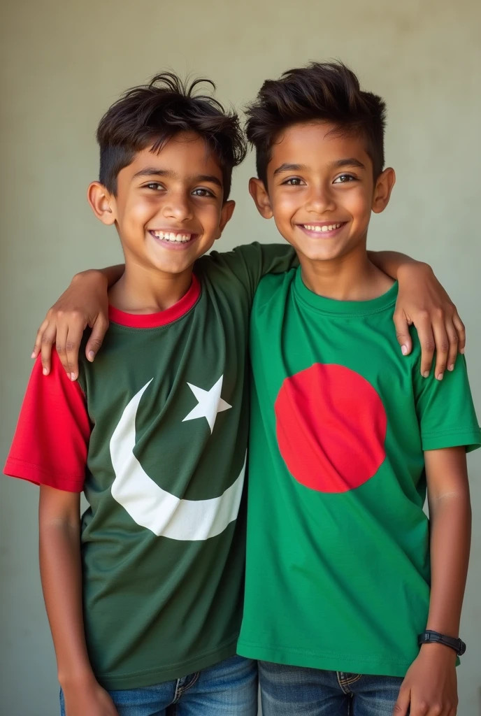 Two boy friends wearing t-shirts of Pakistan and Bangladesh are looking at the camera together a good background