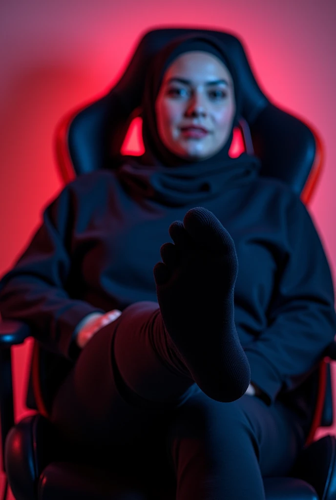 Hijab woman sitting in the gaming chair opens her pussy and one foot in the air with black long socks