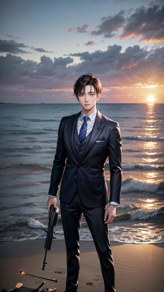 Handsome young man aged 25-30 years old, wearing a suit, standing on the beach, raising a gun and shooting forward. The bullet flies slowly towards a soda can placed on a tree stump. Sunset, 180 degree view, realistic shot, with a background of the evening sea with sparkling lights.