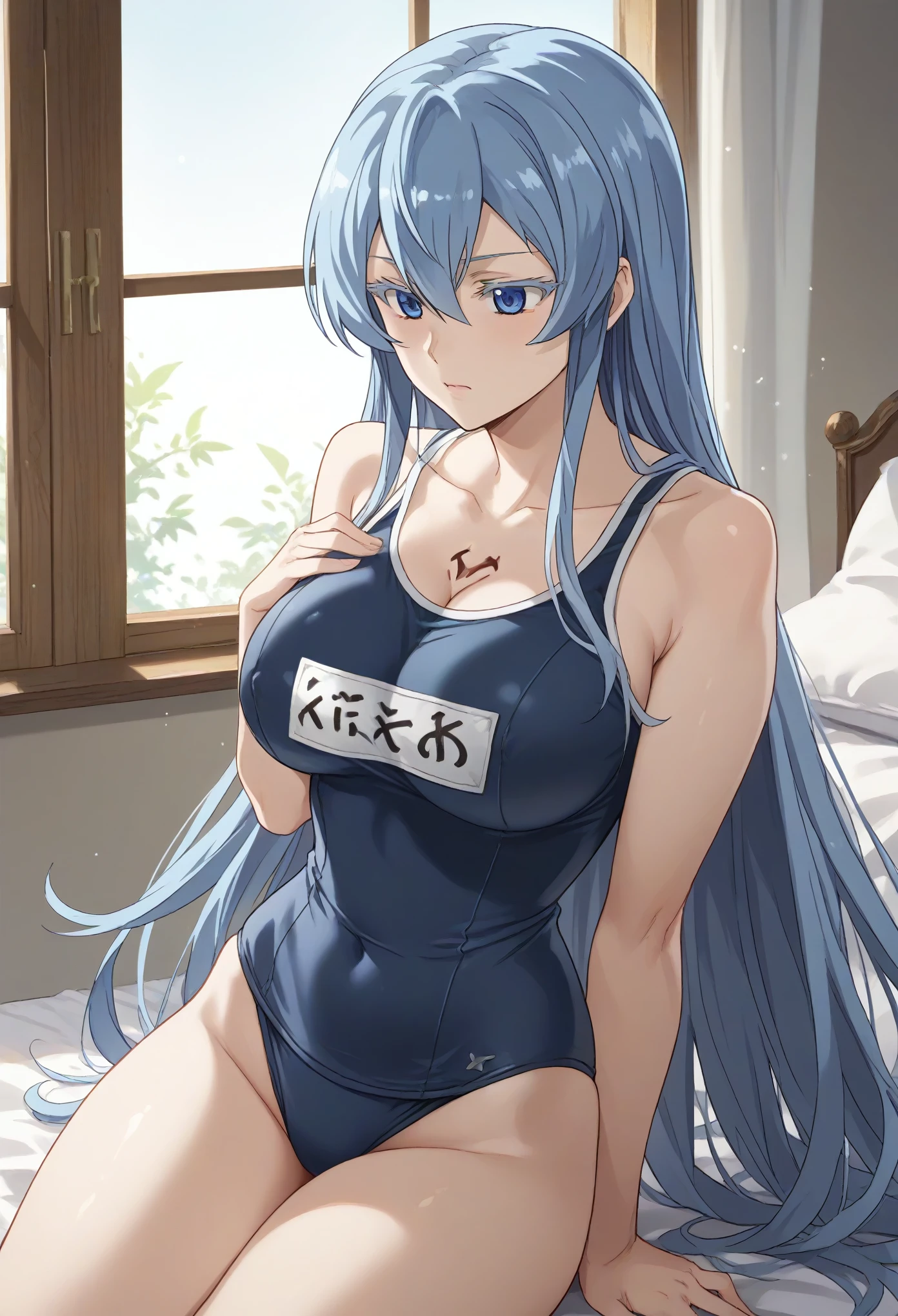 esdeath, blue eyes, blue hair, long hair, eyelashes,,school swimsuit,clavage,large breast
