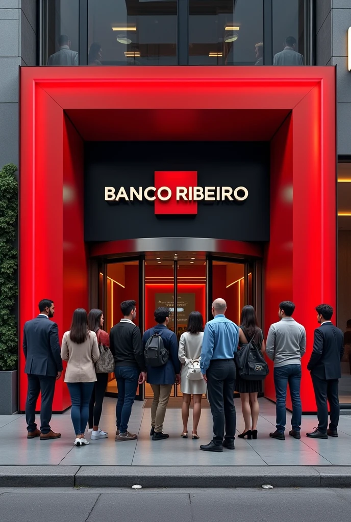 Modern bank branch in red and black color, with revolving door, and a sign written in capital letters “BANCO RIBEIRO”, and mixed-race women and men waiting on the sidewalk in a line to enter the bank.