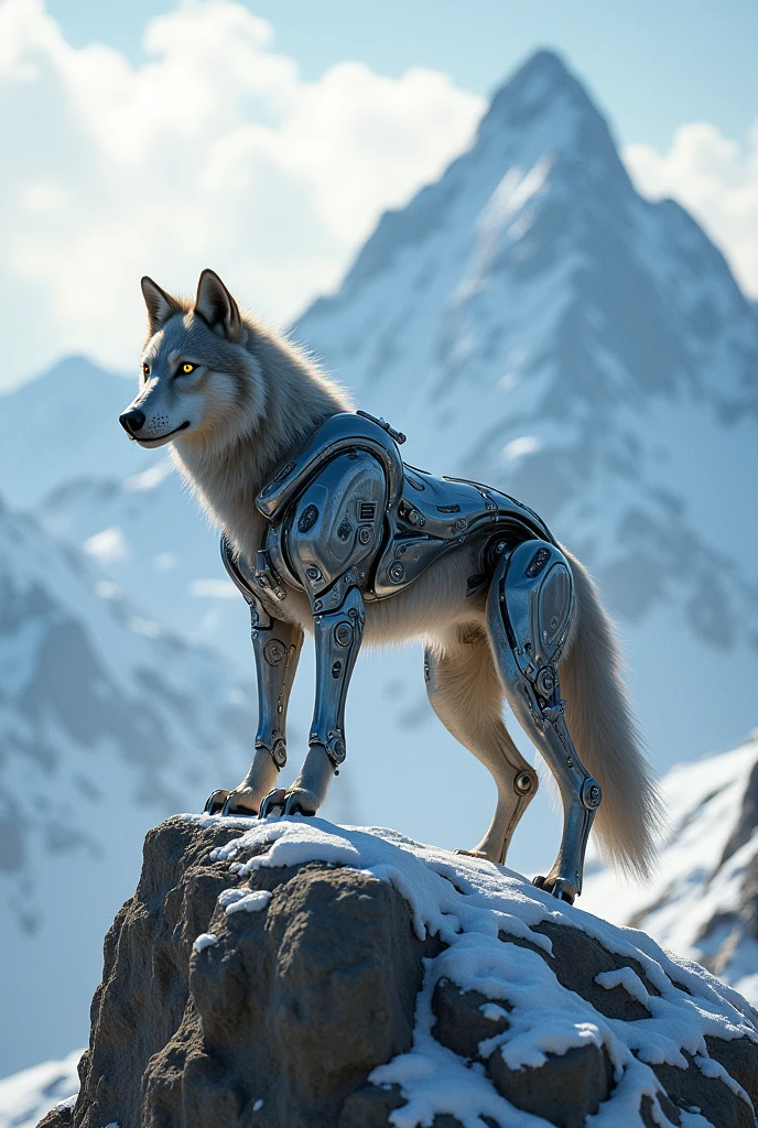 A wolf wear robotic costume and stand in the top of himaliya mountain