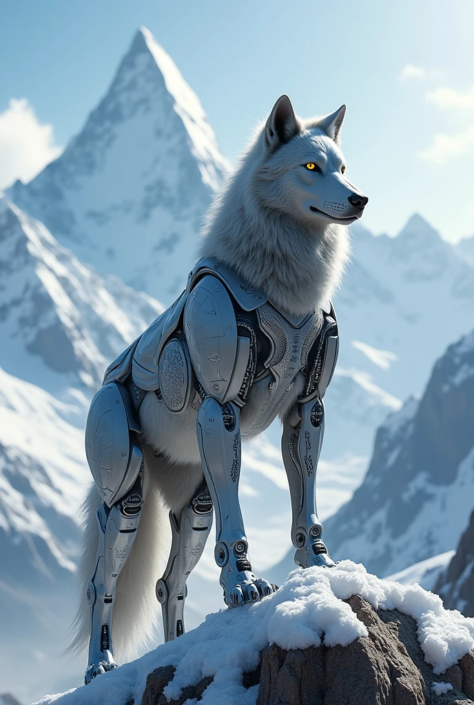 A wolf wear robotic costume and stand in the top of himaliya mountain 