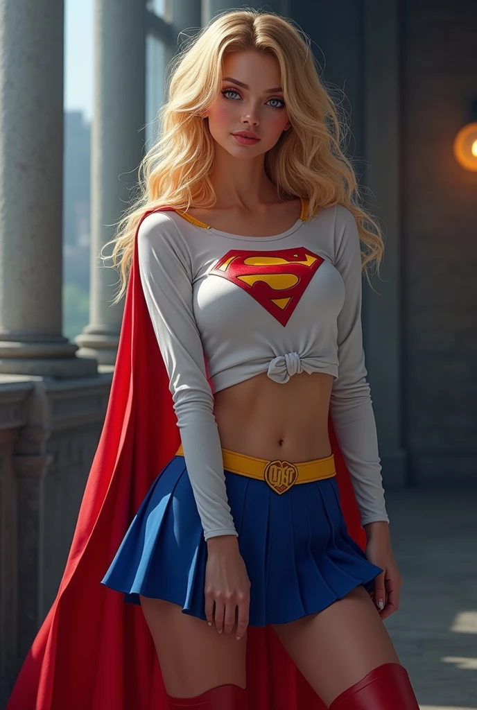 full view of A SEXY AGE FEMALE WITH DARK BLUE EYES AND MEDIUM MESSY GOLDEN BLONDE HAIR WEARING A CLASSIC WHITE SUPERGIRL LONG SLEEVED CROP TOP COSTUME, A SHORT BLUE PLEATED SKIRT WITH A YELLOW SUPERGIRL BELT, RED HIGH HEELED SUPERGIRL BOOTS, AND SHORT RED SUPERGIRL CAPE WITH YELLOW TRIM. large breasts, incredibly detailed skin and eyes, seductive poses, 8K resolution, masterpiece, ultra-detailed, realistic, photo-realistic, vivid colors, dramatic lighting,