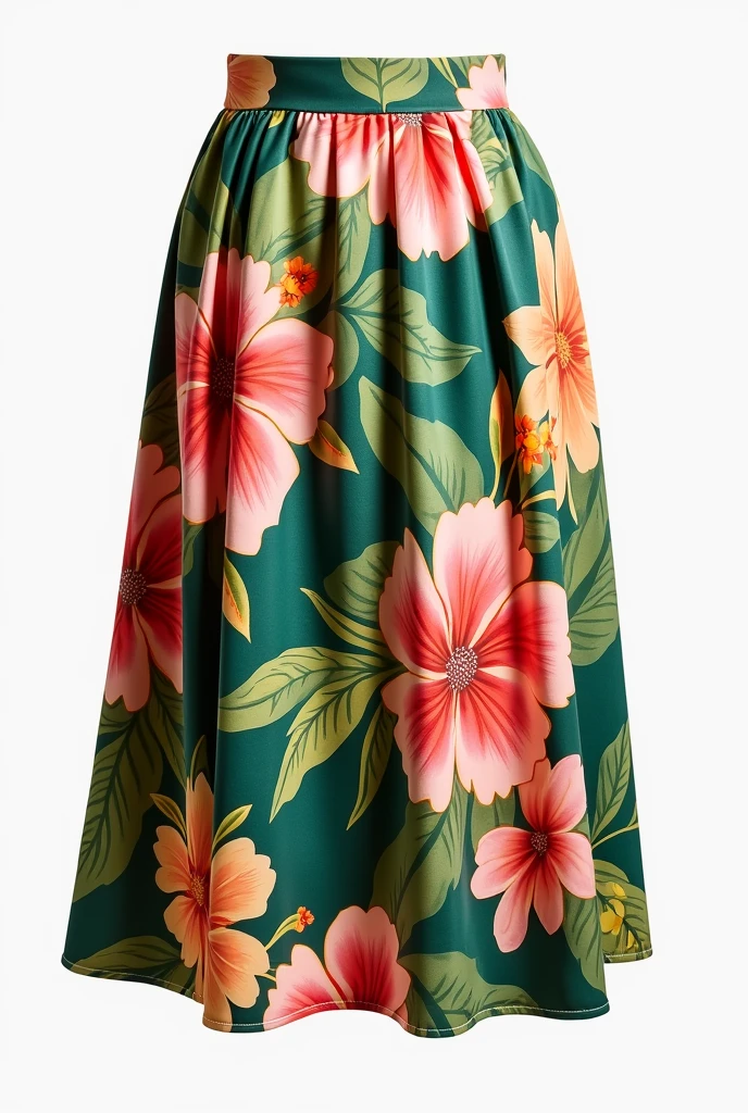 Tropical Floral Midi Skirt : Midi cut with length up to mid-calf.
print: Large tropical flowers in shades of green, rosa e laranja.
Sewing: High waist with invisible side zipper closure and subtle pleats for volume.