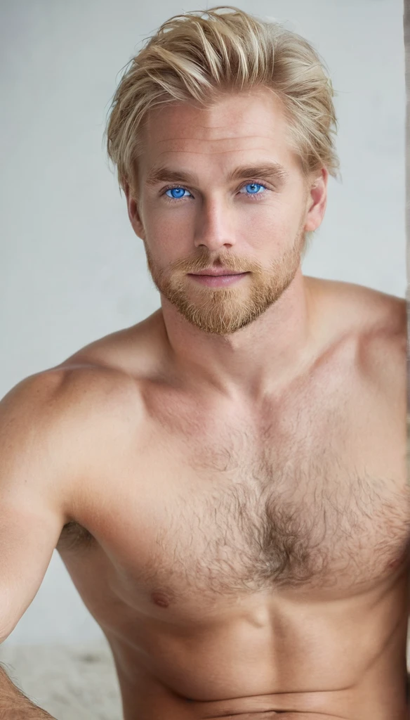 Womann, 30 years old, (blue eyes and blond hair), (hairy body: 1.0), sexy pose, sitting, handsome, look to the camera, in a studio, detailed image, no shirt, with underwear, uhd, 16k 