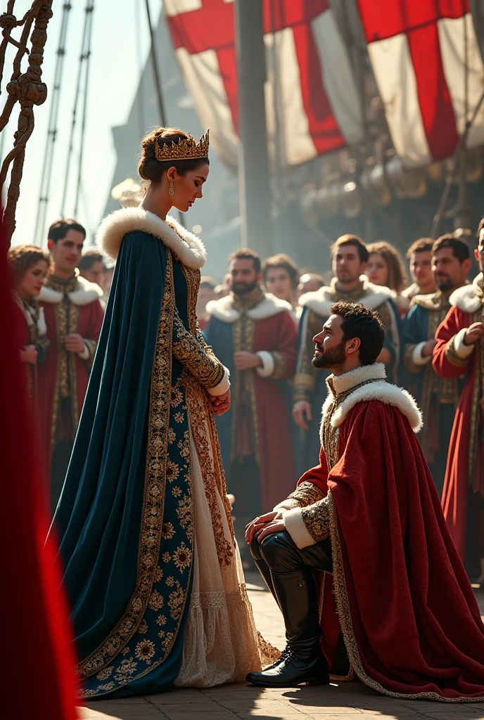 Queen Elizabeth I knighting Francis Drake**: A grand ceremony where Queen Elizabeth I knights Francis Drake aboard his ship, surrounded by his crew. The scene is filled with English flags, and the atmosphere is one of celebration and pride.