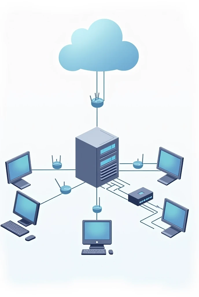 Can you create this illustration diagram:
5 client computers
1 main server
1 switch
1 wireless router connected to the switch
1 modem connected to the router
1 printer connected to the server.