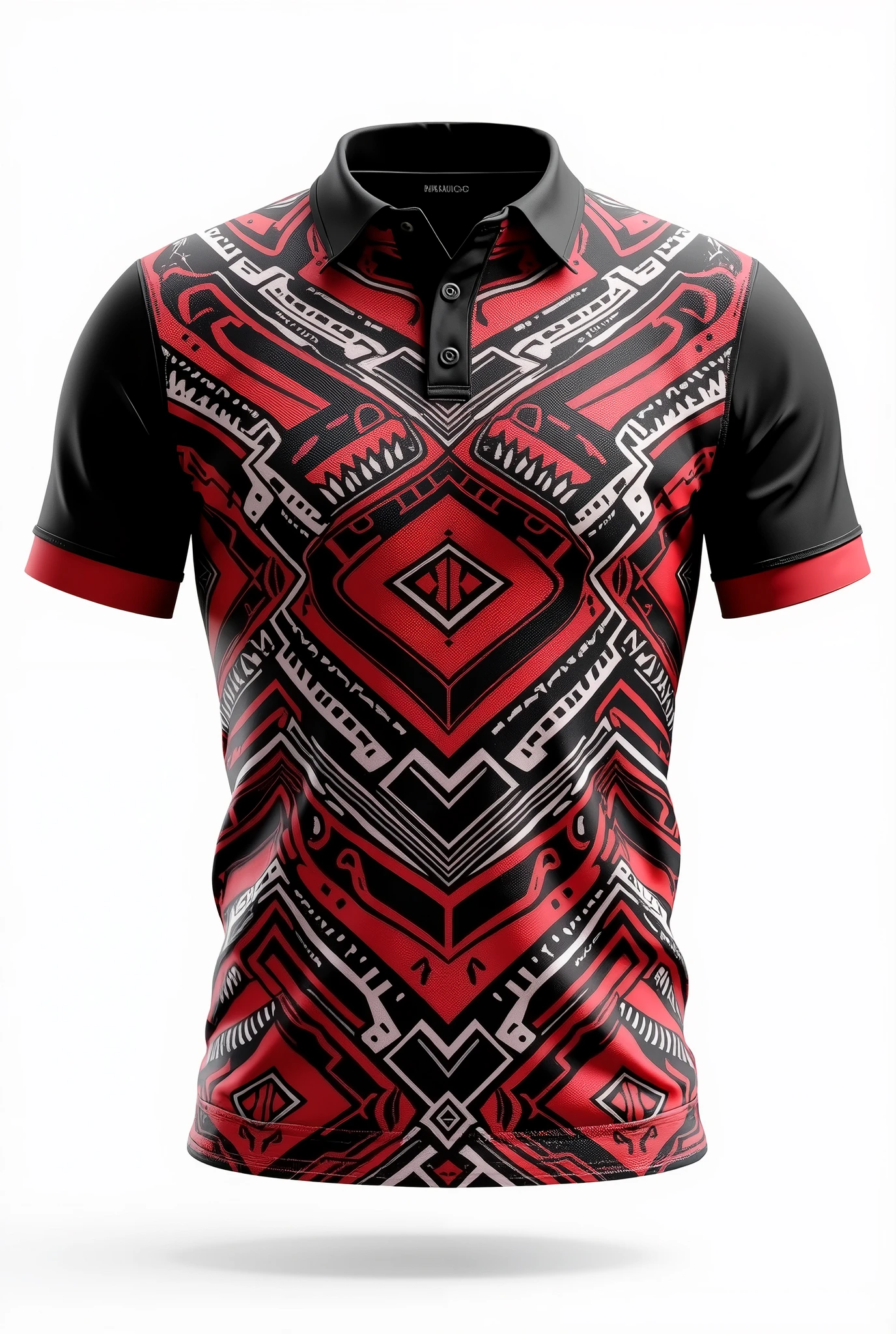 Create rugby jersey maori tribe full pattern black white red retro black collar white background front and back design side by two side