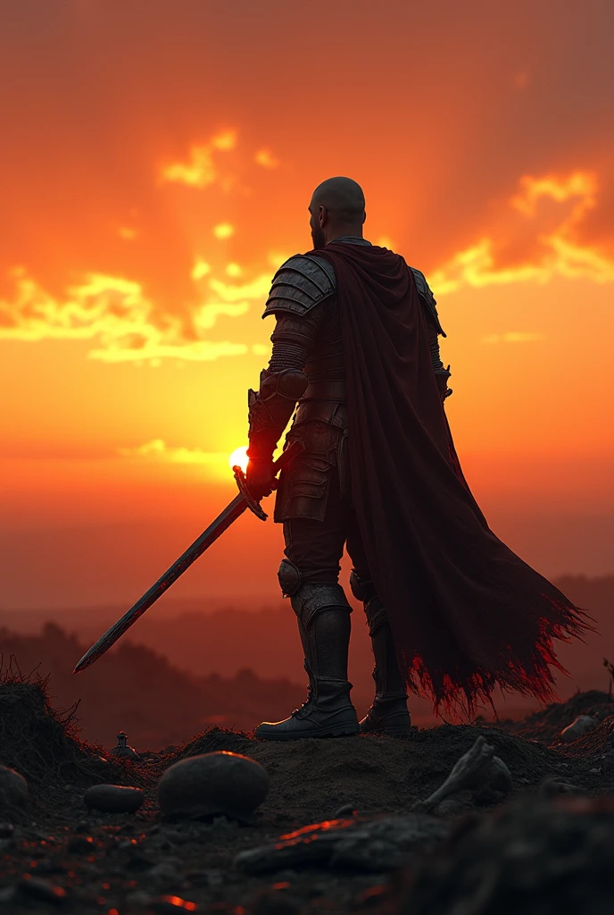 A warrior looking at the setted sun after winnig a war alone