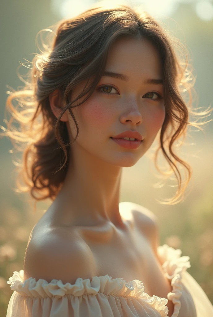 Woman, americana, age 25, pale skin, delicate nose, soft and delicate lips, far away, waist-length wavydark blonde hair, sweet smile,