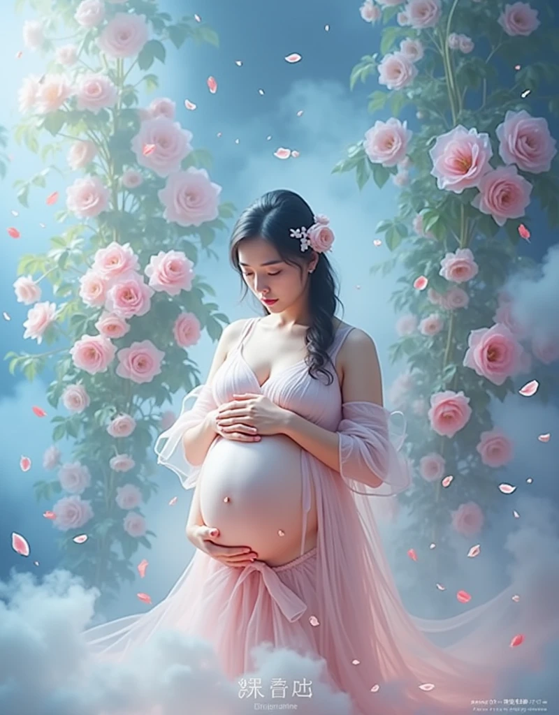 pregnant woman , flower background smoke 