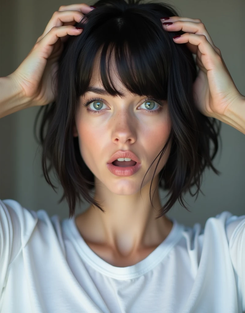 RAW photo, best quality, masterpiece, photorealistic, Polish girl, 20 years old, black hair, Light grey eyes, short bob cut, hair in 7 thirds, hair over one ear, Symmetrical eyes, solo, White skin, Detailed Skin, Detailed face, Big Breasts, rip gloss, blush, wet hair, White T-shirt, gel nails, Her face is shocked, she touches the top of her head with both hands, Surprised face, she is touching the top of her head with both hands, upper body