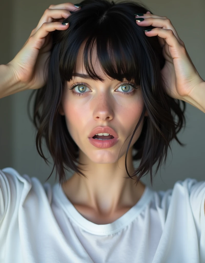 RAW photo, best quality, masterpiece, photorealistic, Polish girl, 20 years old, black hair, Light grey eyes, short bob cut, hair in 7 thirds, hair over one ear, Symmetrical eyes, solo, White skin, Detailed Skin, Detailed face, Big Breasts, rip gloss, blush, wet hair, White T-shirt, gel nails, Her face is shocked, she touches the top of her head with both hands, Surprised face, she is touching the top of her head with both hands, upper body