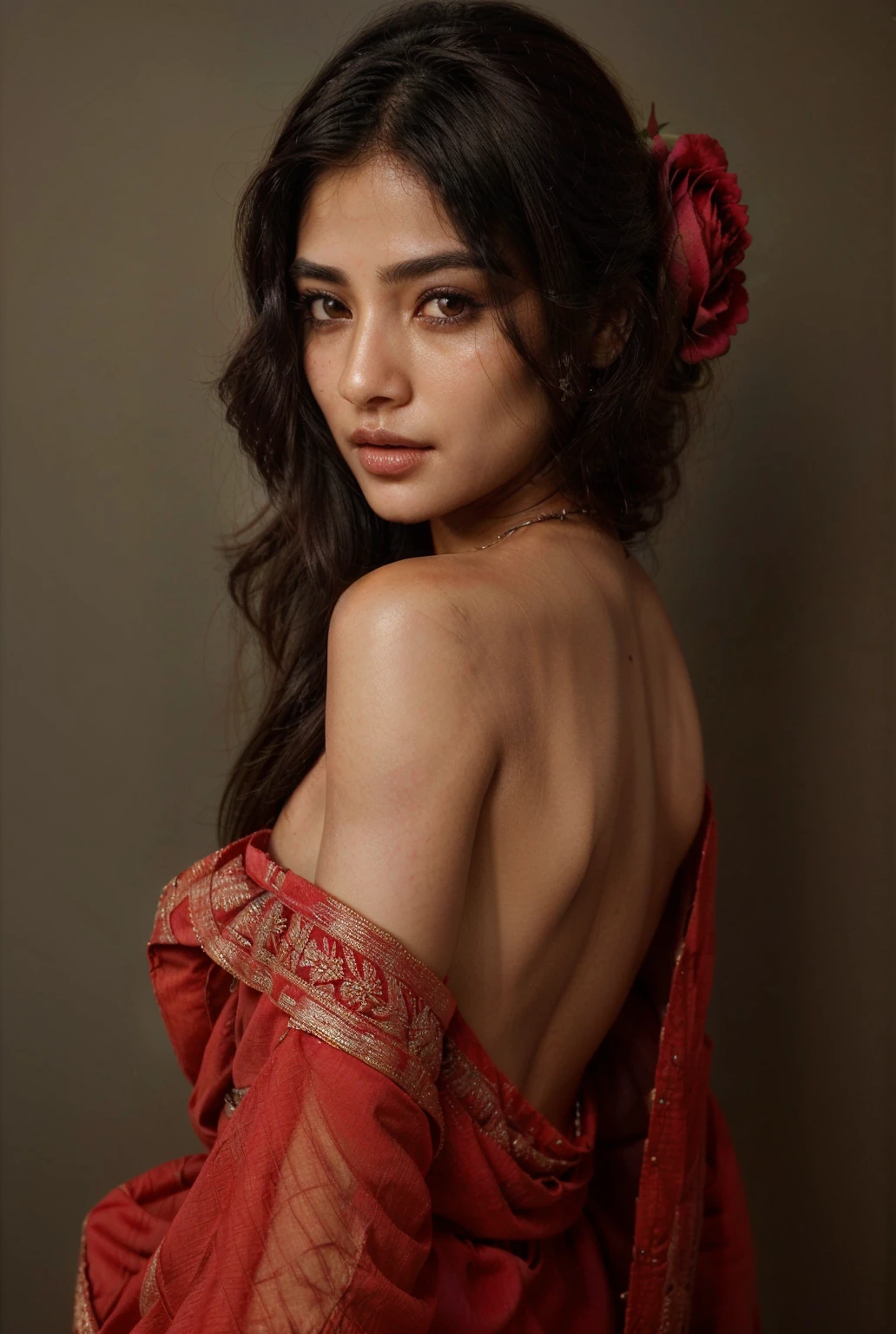 south asian facial features. girl. Should look very beautiful. pretty. Highly detailed and hyper realistic. The skin texture should be highly detailed and extremely accurate. thick black hair and brown eyes. Face must be accurate. Highly detailed face and facial features. Extremely accurate representation of face and facial features. Face should be highly detailed and hyper realistic. With rose on hair.