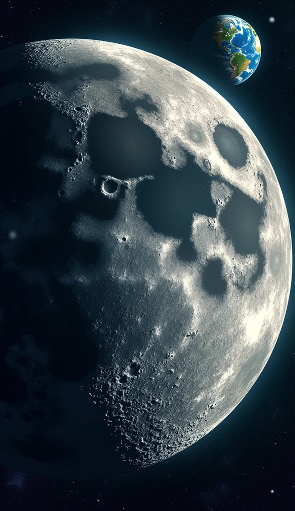 "A highly detailed illustration of the Moon's surface, showcasing its craters, mountains, and the contrast between the bright lunar highlands and dark maria. The image should depict the Moon against a star-filled space background with the Earth visible in the distance, capturing the rugged, rocky texture and lack of atmosphere."