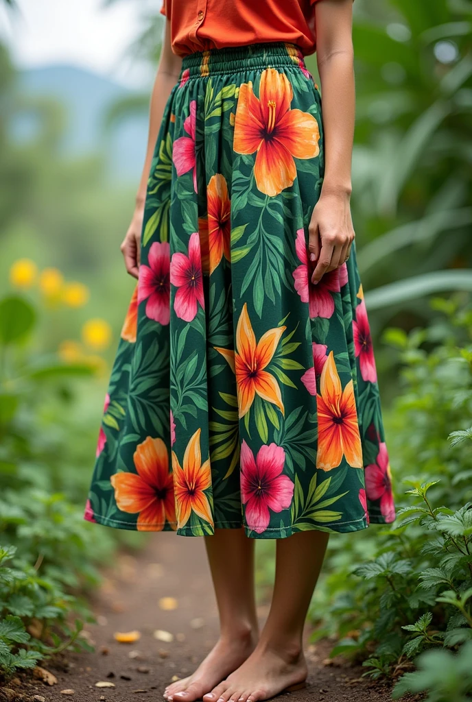 Tropical Floral Midi Skirt : Midi cut with length up to mid-calf.
print: Large tropical flowers in shades of green, rosa e laranja.
Sewing: High waist with invisible side zipper closure and subtle pleats for volume. farm style