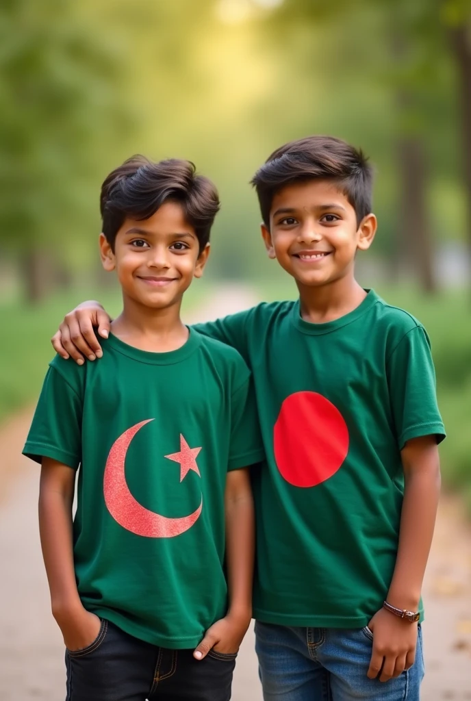Two boy 20 yards friends wearing t-shirts of Pakistan and Bangladesh are looking at the camera together a good background