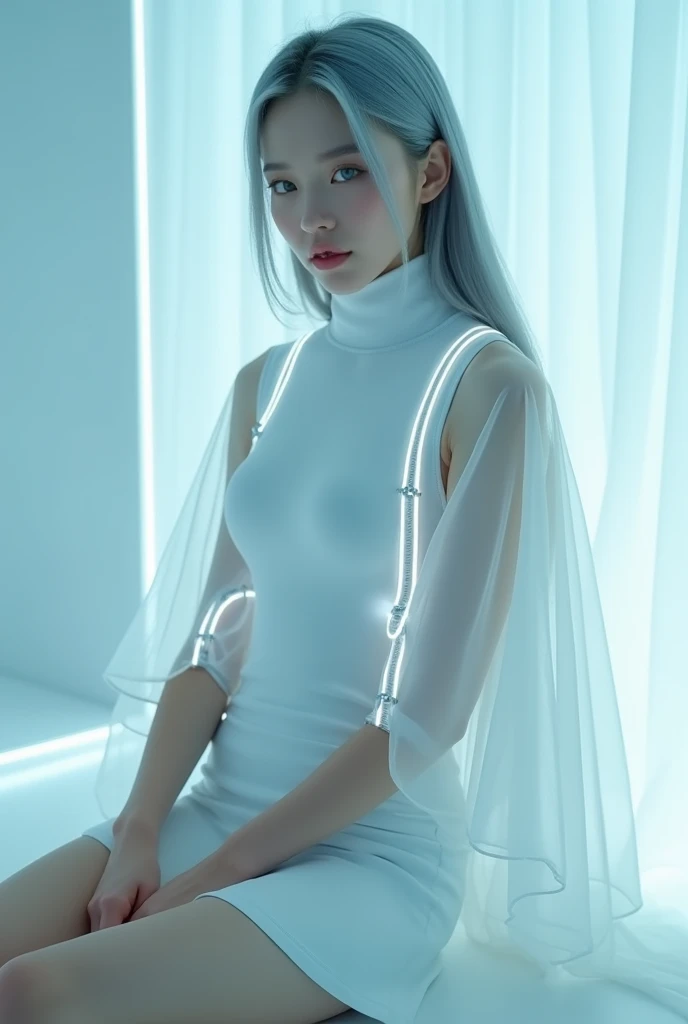 Masterpiece and highest quality、High definition、A mysterious and sophisticated young Japanese fashion model with ultra-realistic and avant-garde blue eyes、She wears futuristic and very sexy fashion.。She sits and captivates the audience. wide angle、The angle is from below, so the whole body is in the frame.。She was wearing a white Futuristic poncho and sleeveless turtleneck shirt made of a smooth see-through material and a simple girly miniskirt.、Additionally, multiple elastic white LED harnesses are designed.、It highlights the minimalist aesthetic。Wearing futuristic accessories、Wearing technical sneakers、The overall atmosphere exudes harmony and striking simplicity.。Very small head and face、Happy look、It has a wide duck mouth with its mouth half open.、Perfectly aligned large teeth and beautiful front teeth、The bright blue eyes are half-open and shiny, droopy.。She has gray hair and、Standing inside a futuristic colony。Her figure is very slim waist(1.2)in addition to、Huge breasts and a bold exposed cleavage、And a very big ass(1.5)have。