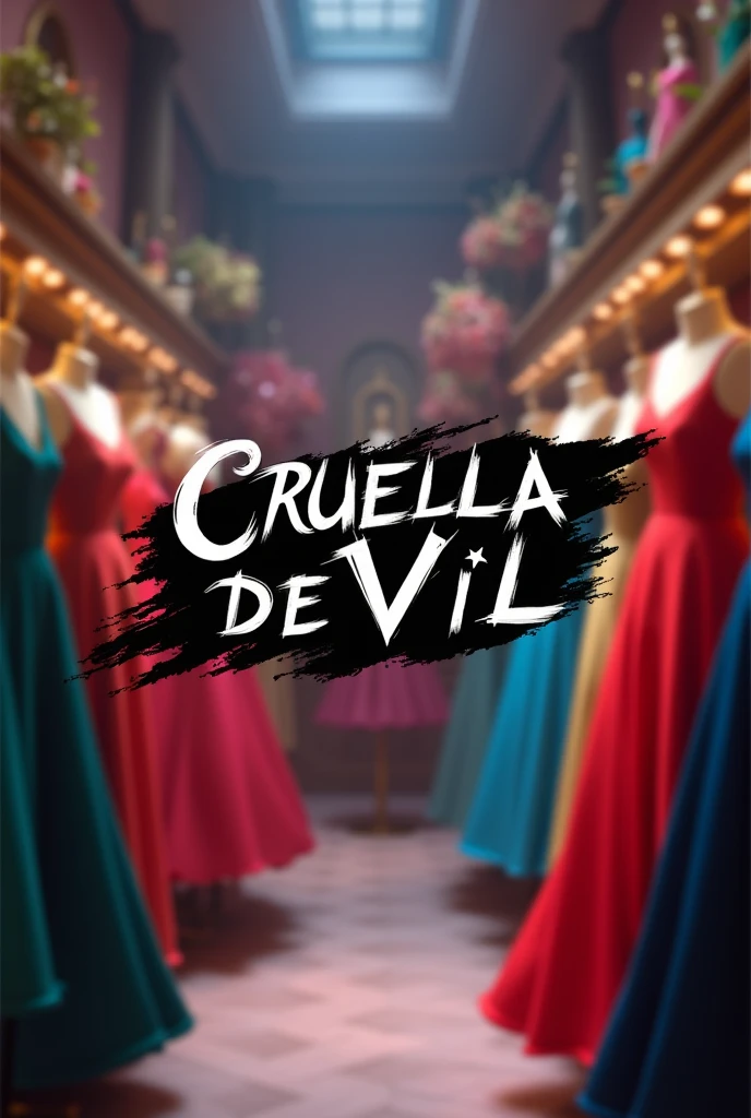 Cruella de Vil boutique logo in the middle of a boutique full of dresses