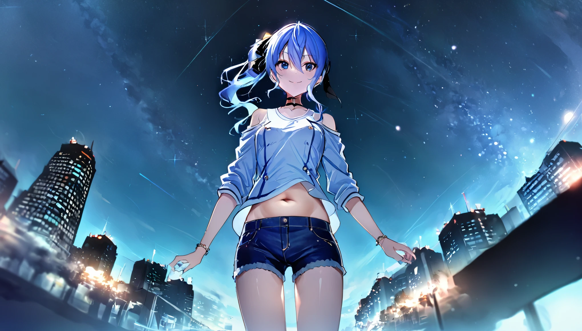 (8k、Best image quality、highest quality、masterpiece)、Detailed face、 1girl、Blue Hair、Long Hair、sideponytail、dark_blue_eyes、smile,(navel:0.6),Moderate_torso、small_breasts,((White T-shirt))、Off the shoulder、Black shoulder straps、(open_front_denim_short_shorts:1.2)、Shoot from below、City Background, starry_sky_landscape ,hoshimachi suisei, slender,(covered_nipples:0.3), (belly button:1.2),nihil,solo,stargaze,girl_looking_up_sky,(abs:0.6)