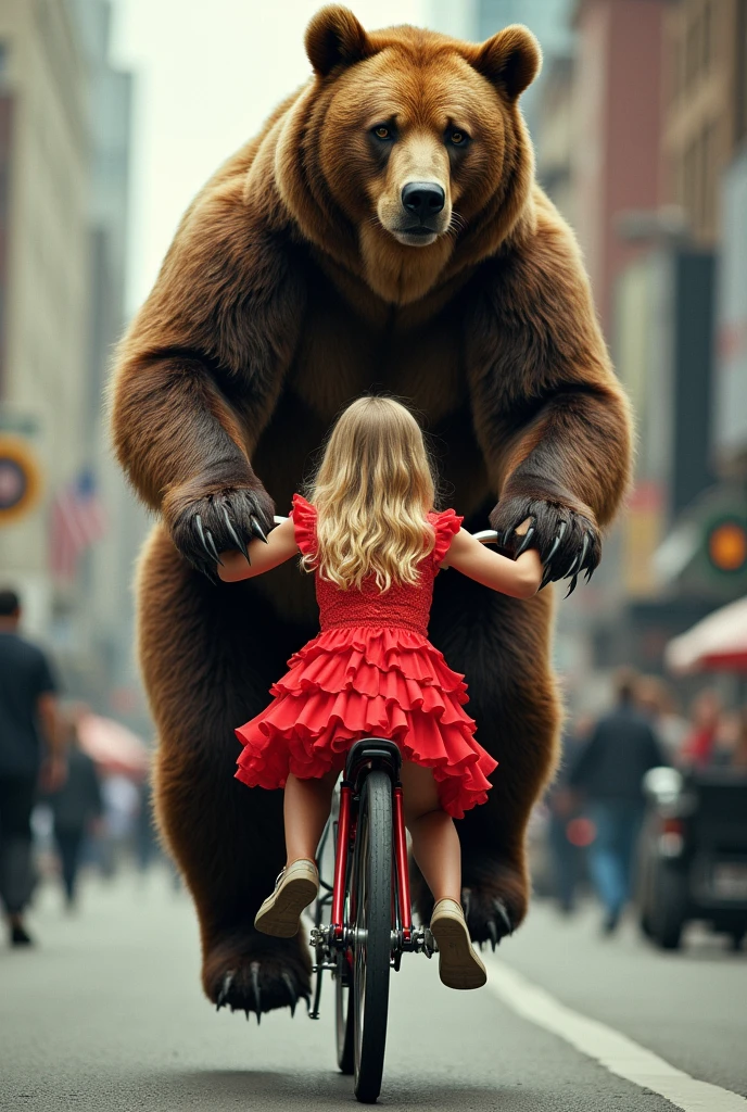 Newspaper photo\(realistic big bear pedaling bicycle, beautiful innocent blonde girl\(in red frilly dress\) sitting backwards on back of bicycle, feeling adolescent, at urban side, color photo\)