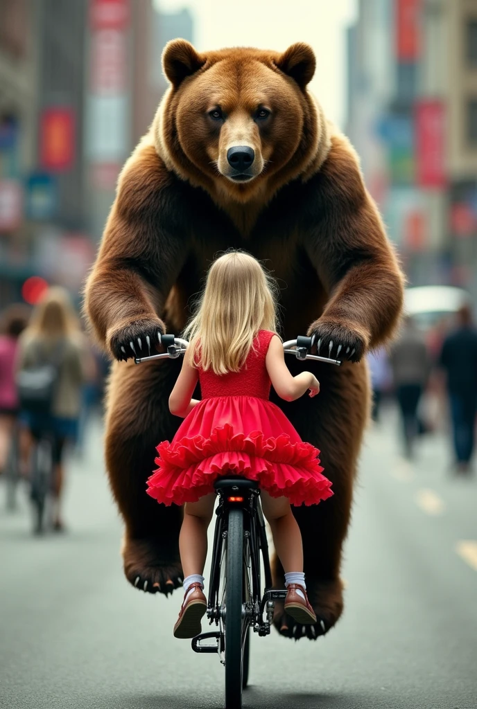 Newspaper photo\(realistic big bear pedaling bicycle, beautiful innocent blonde girl\(in red frilly dress\) sitting backwards on back of bicycle, feeling adolescent, at urban side, color photo\)