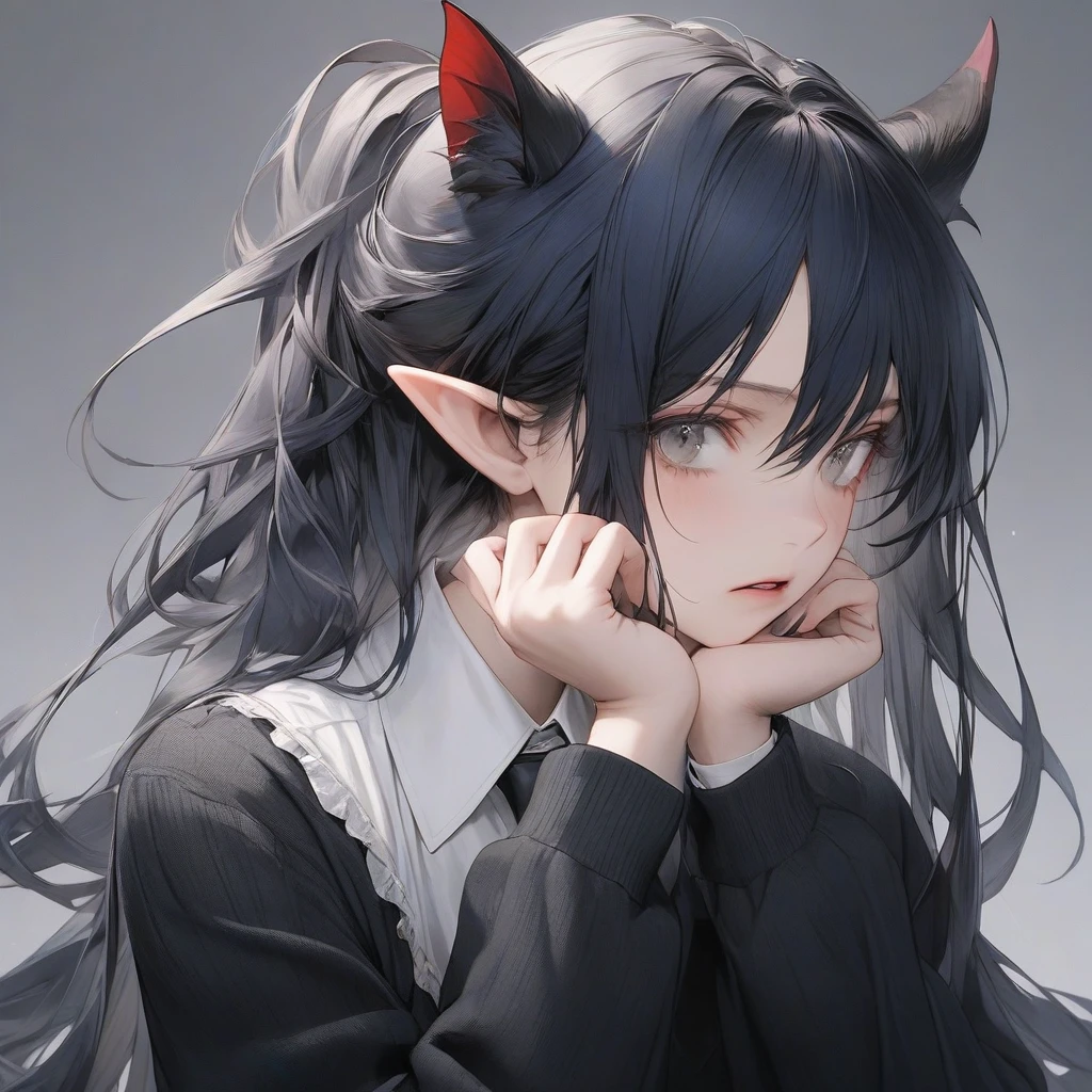 high resolution, Masterpiece, Anatomically correct, precise, qualityที่ดีที่สุด, quality, 1 woman, Age 20 years, very long hair, dark blue hair, half up ponytail,icy grey eyes , A despair expression., simple background, photography, half-body ,oversize shirt.black tie, black cardigan , elf ears, vampire woman