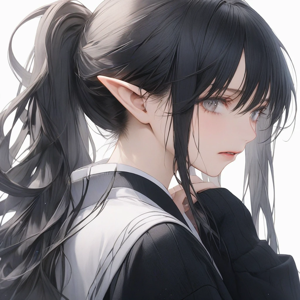 high resolution, Masterpiece, Anatomically correct, precise, qualityที่ดีที่สุด, quality, 1 woman, Age 20 years, very long hair,  dark blue hair, half up ponytail,icy grey eyes , A despair expression., simple background,  photography, half-body ,oversize shirt.black tie, black cardigan , elf ears, vampire woman 
