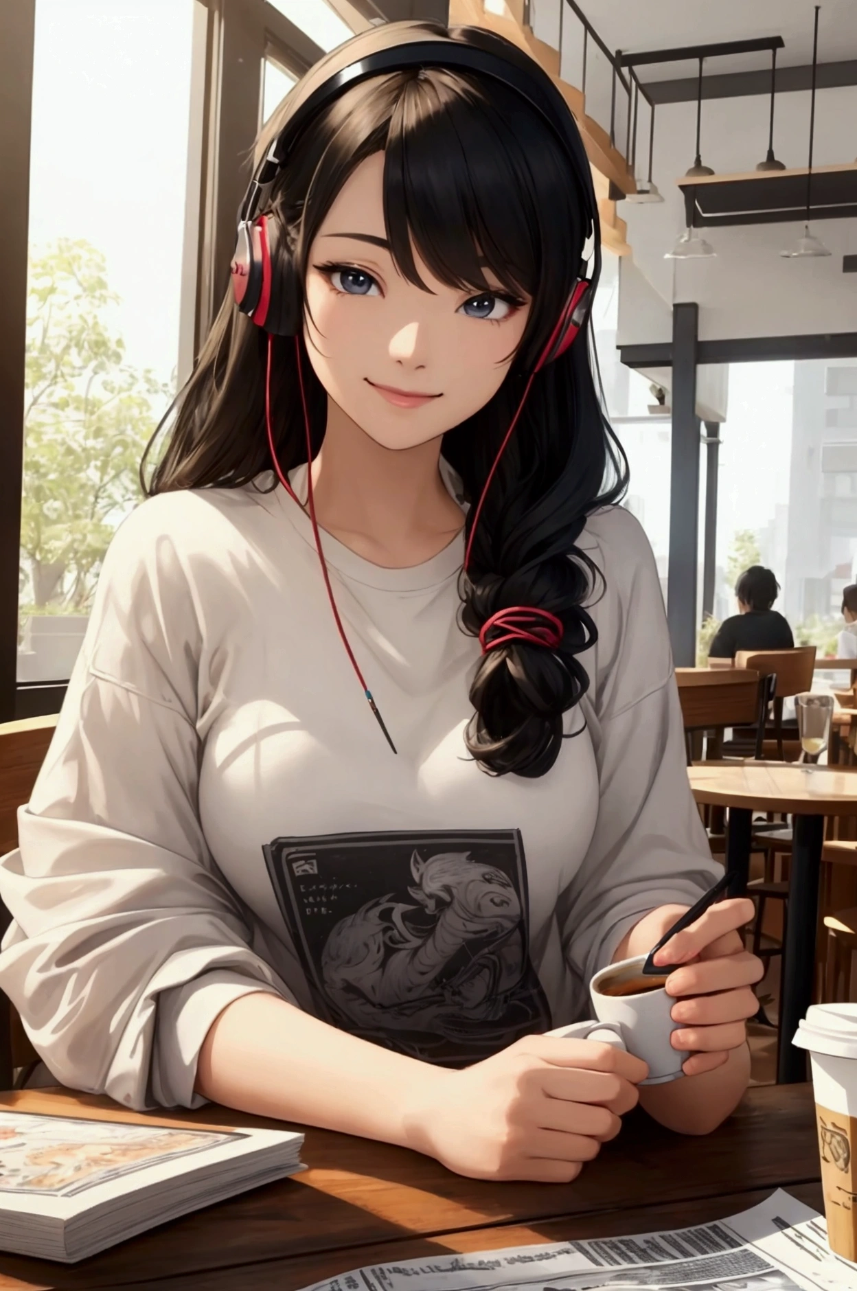 (Highest quality ),(masterpiece),(Super detailed), Ultra-high resolution, (Ultra-fine illustrations),Casual breakfast style, Jeans and T-shirt.
Smiling while holding a coffee cup and reading a newspaper at a cafe table.
A pose that expresses a calm morning atmosphere and cafe culture. , (Concept Art:Karn Griffiths ) ,Amazingly noble, Amazingly beautiful ,Absurd,3D Rendering, Octane Rendering, Approaching perfection , Very fine clothing ,Exquisitely crafted ,8 Life-size ,Thick body ,Perfect Anatomy ,Well-groomed face ,Highly detailed beautiful hair , Highly detailed hairstyles, Symmetrical and balanced, Beautiful gradation , Sharp focus, 4K resolution, aspect ratio, Centered Images, Beautiful composition, Symmetrical and balanced,Beautiful girl wearing headphones、Japanese anime style